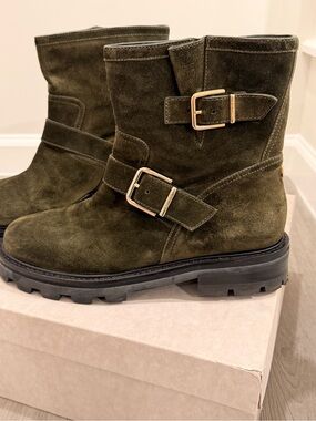 Jimmy Choo Youth ll Suede Biker Boots Seaweed Lug Sole Buckle EU 38.5